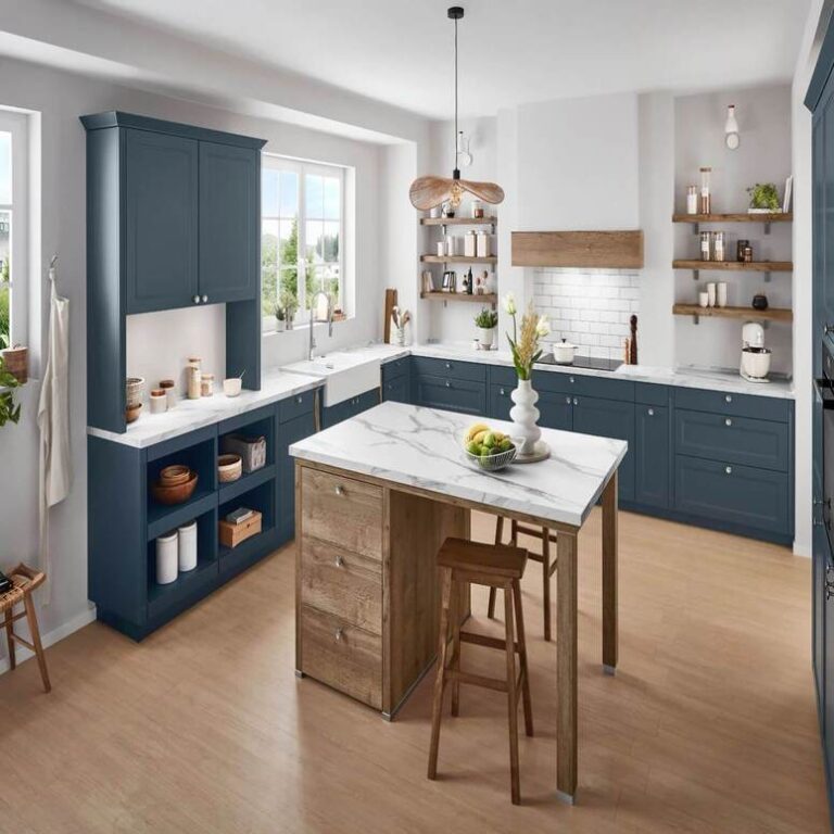 Dunkelblaue Landhausküche Küche im Landhausstil in Dunkelblau mit Marmor-Kochinsel, Holzregalen und Barhockern – Küchenberatung Hagen
